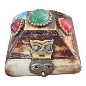 Trinket Box Cabachons Camel Bone & Brass Vintage Hand Crafted in India Ring Box